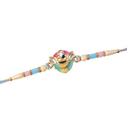 Crown Shaped Kundan Pendant Rakhi with Pink and Teal Enamel