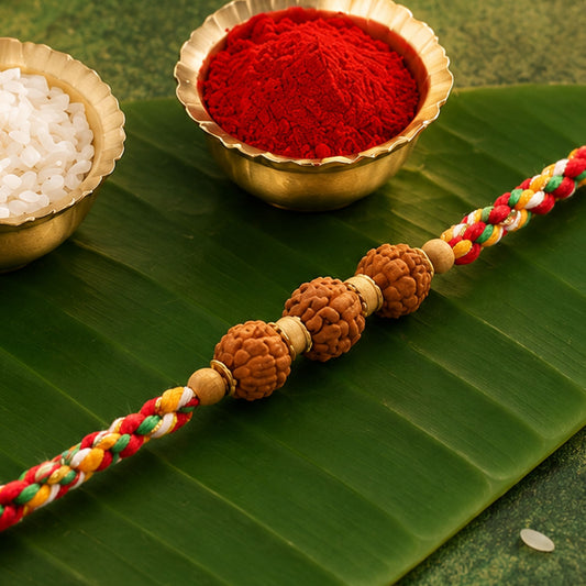 Close up view of Rudraksha Style Devotional Rakhi with braided red green yellow thread and wooden beads.