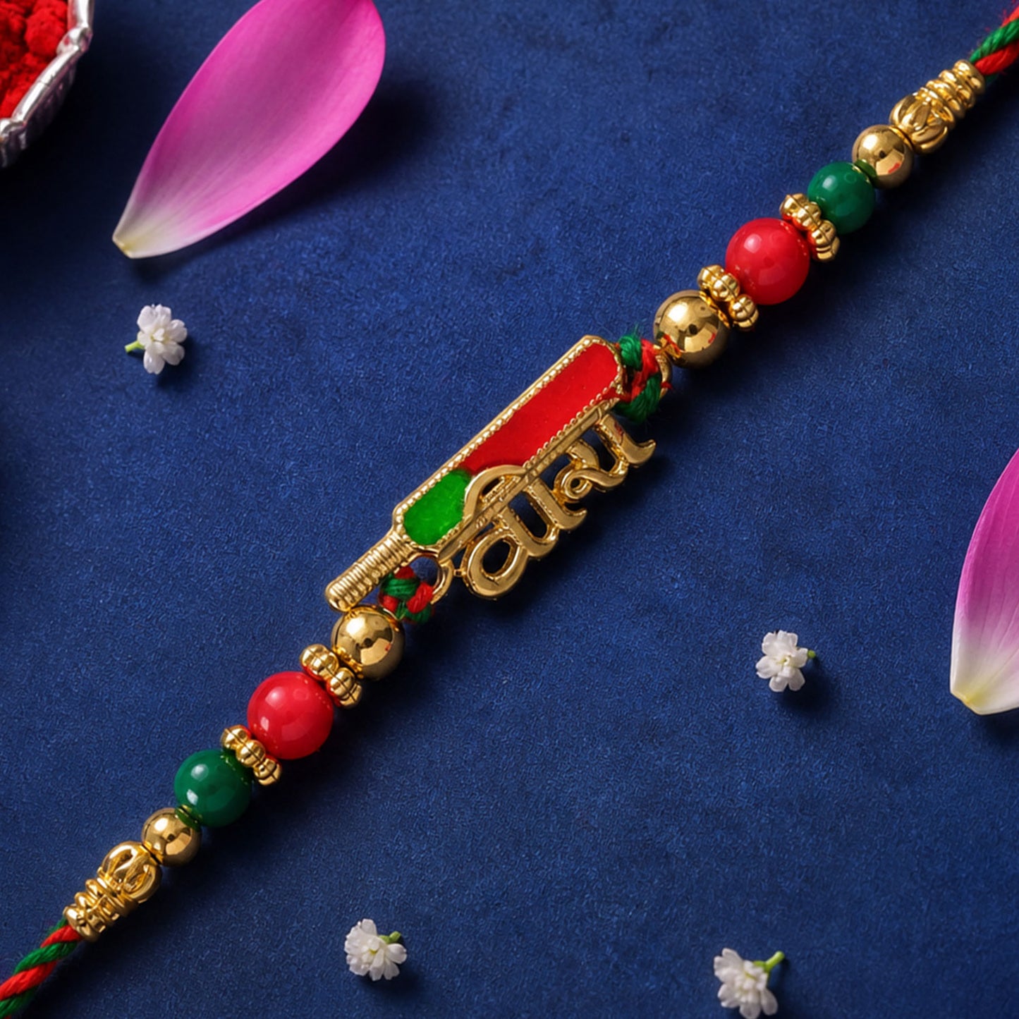 Premium Rakhi showcasing Bhai Text Plaque, clean frame and wrist look for Gift Use