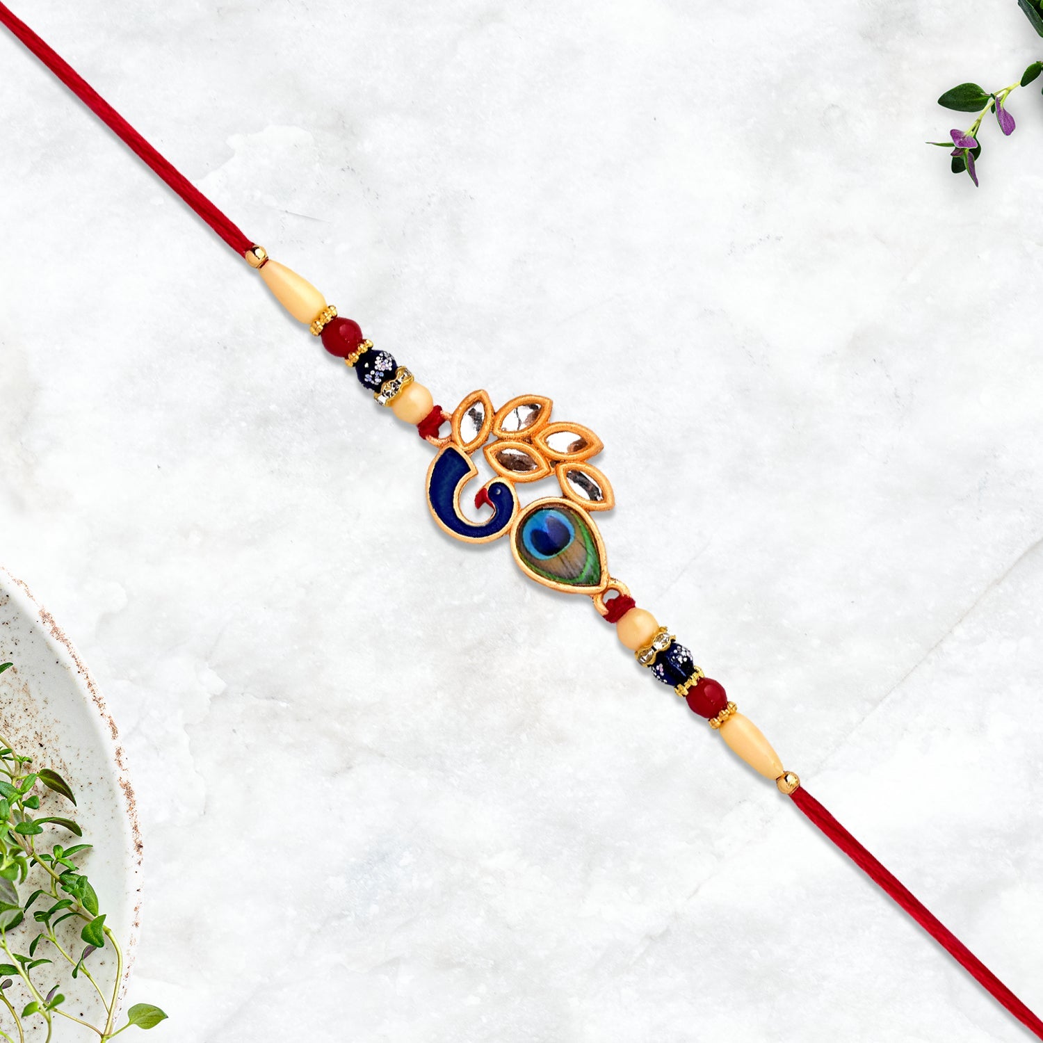 Traditional thread and colorful enamel Mor Pankh Rakhi