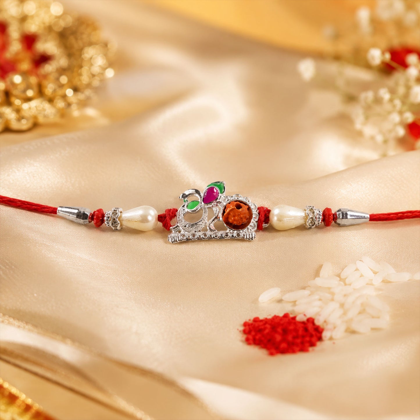 Red Gold Floral Om Rakhi with White Pearls and Orange Stone Center