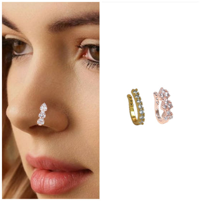 Triple Cluster CZ No Piercing Nose Ring Nath - Gold/Rose Gold Combo Pack of 2