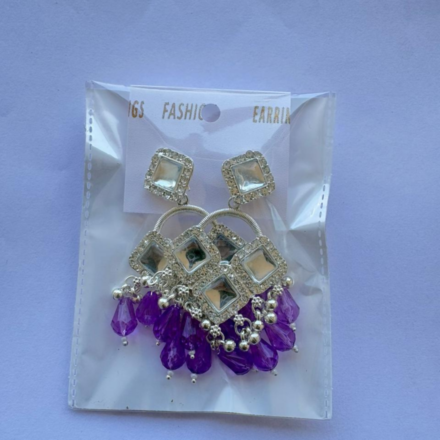 Elegant Silver Plated Chandelier Earrings Featuring Square Crystals and Purple Teardrop Beads