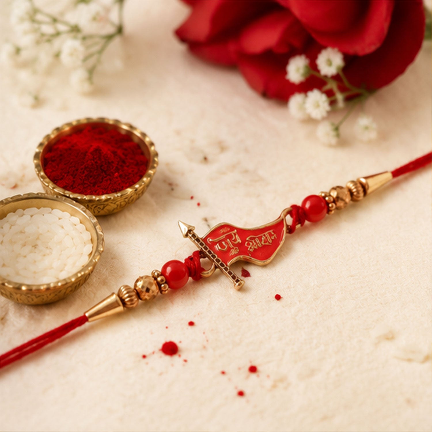 Jay Shree Ram Red Meenakari Flag Rakhi with Gold Beads and Mauli Thread