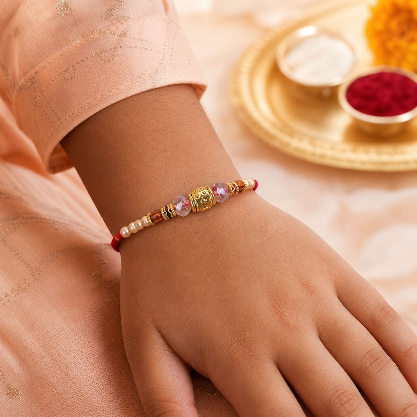 Antique Filigree Cube Charm Bhai Bhabhi Rakhi with Crystal Beads and Pearl Drops
