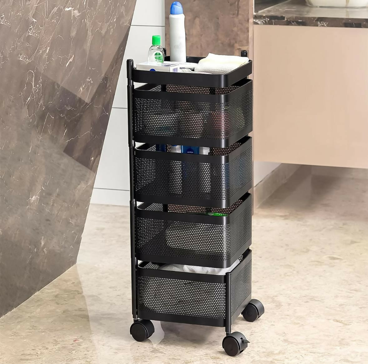 Square 4-Layer Stainless Steel Kitchen Cart with Ventilated Baskets & 360° Wheels