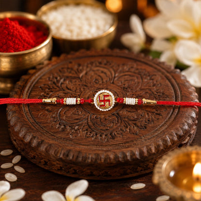 Swastik Pearl Frame Rakhi Traditional Tie for Brothers (5pcs)