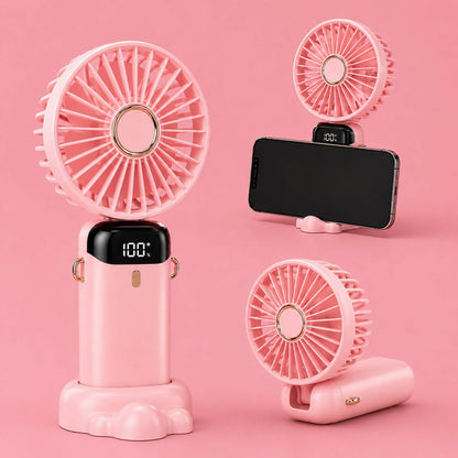 Mini fan used as desktop fan with built-in phone stand