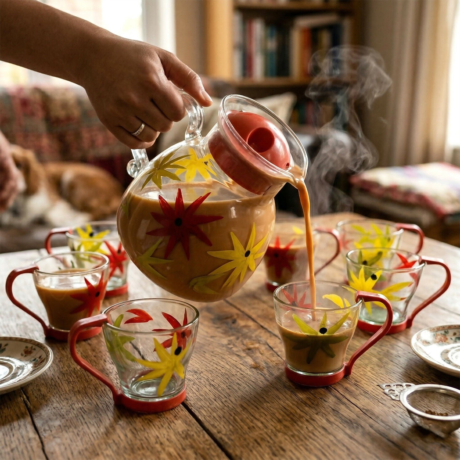 Close-up of floral design on glass tea jug