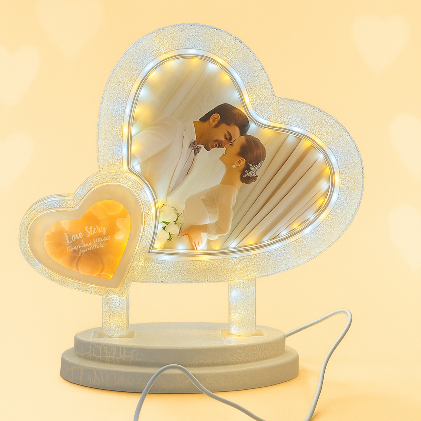 Heart-Shaped LED Double Photo Frame with “Love Story” Small Heart | Dual Romantic Couple Frame with Warm White Lights | Decorative Wedding, Anniversary & Valentine’s Gift Showpiece for Home & Bedroom Décor