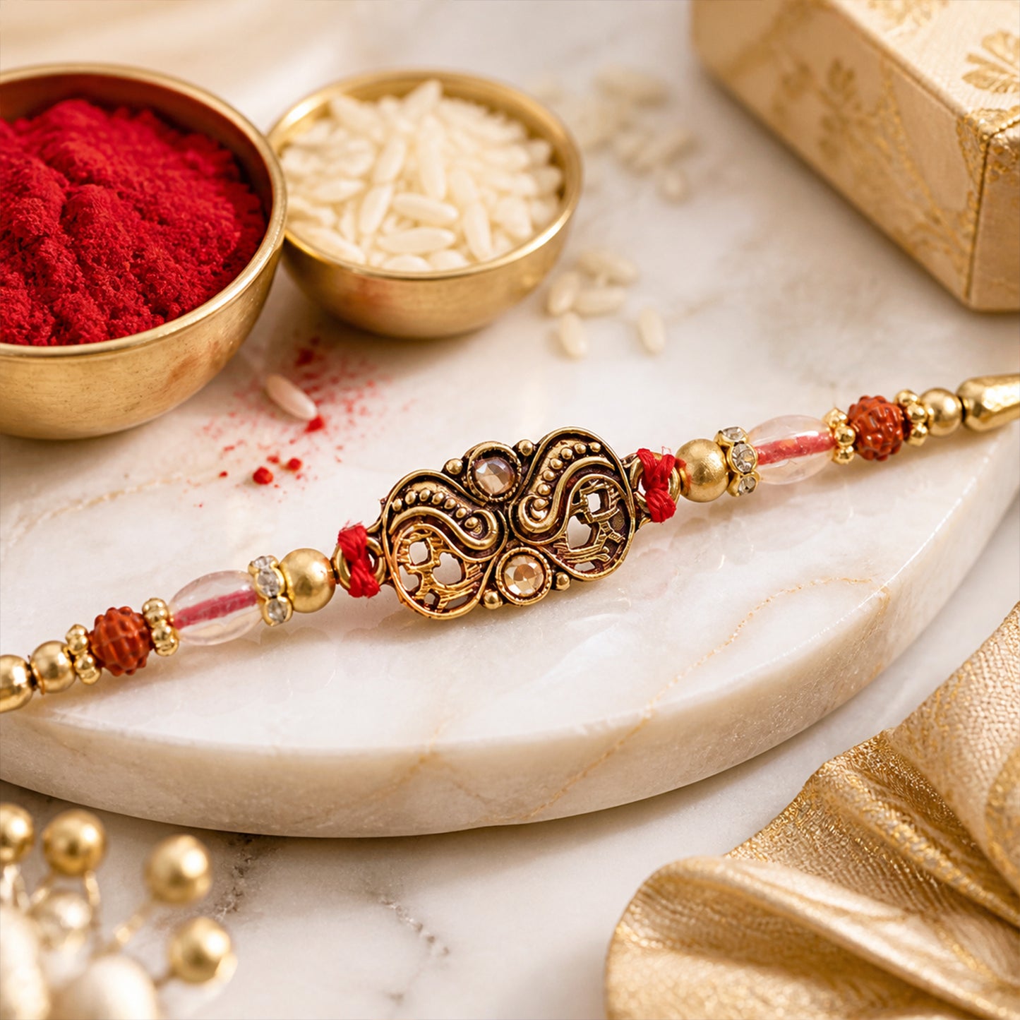 Oxidized Gold Paisley Medallion Rakhi with Rudraksha and Pearl Beads