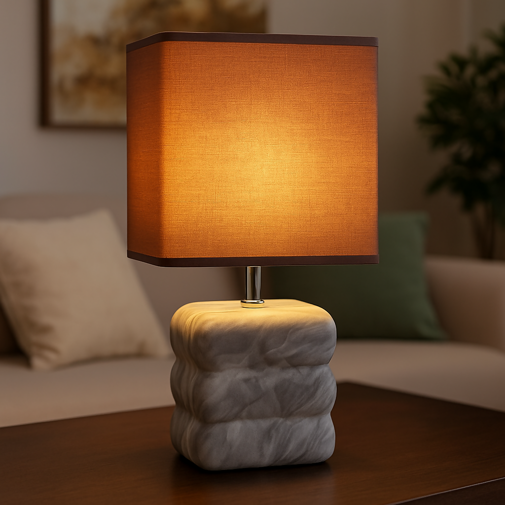 Modern Textured Grey Ceramic Table Lamp with Round Fabric Shade & Minimalist Metal Detailing | Luxury Bedside, Living Room & Study Night Lamp | Soft Ambient Lighting Decorative Home Décor Piece