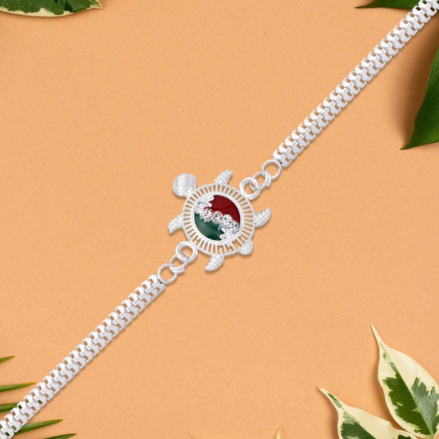 Turtle Rakhi for Brother Silver Enamel Chain Design (10pcs)
