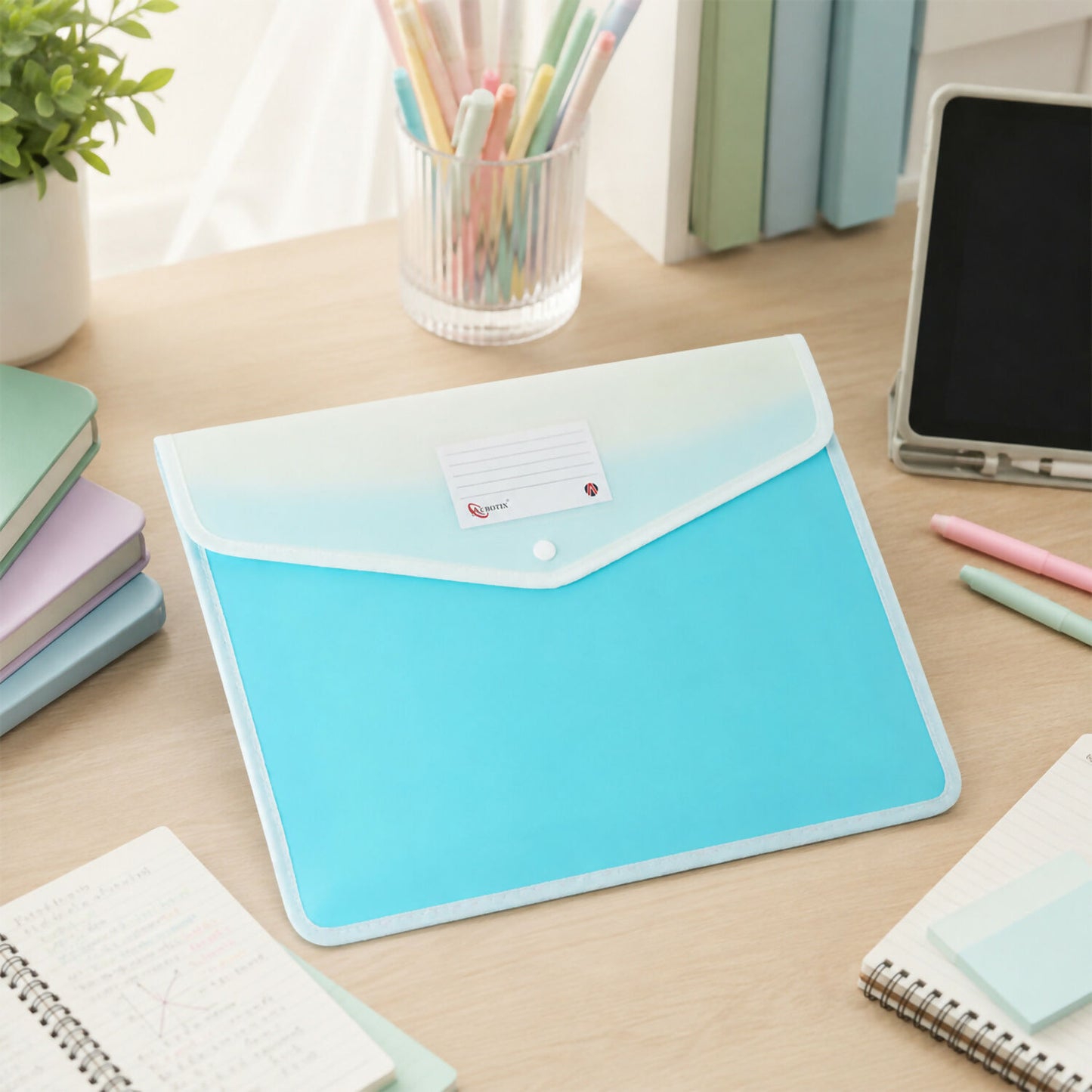 Close-up of name card slot on pastel expandable folder
