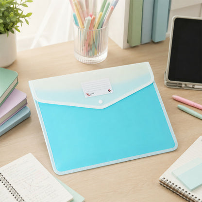 Close-up of name card slot on pastel expandable folder