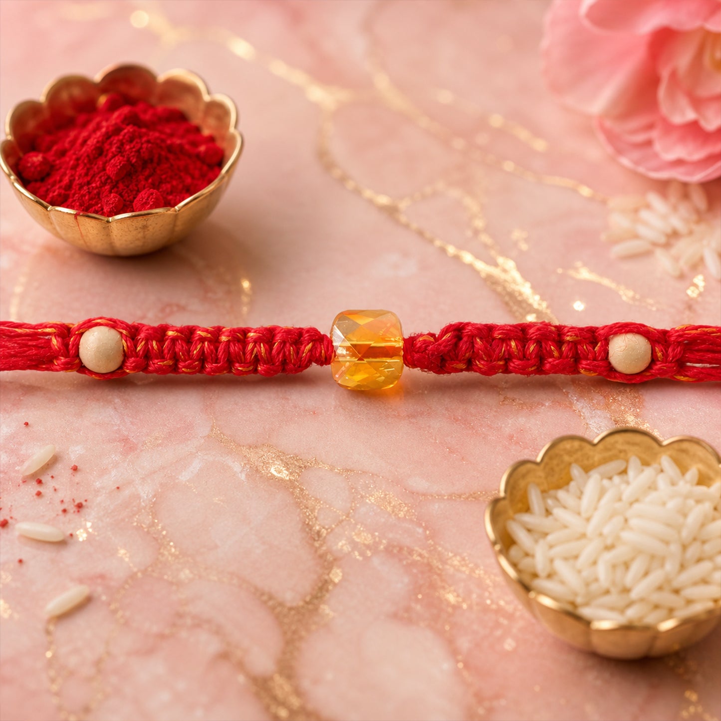 Red Thread Rakhi with a Faceted Amber-Toned Crystal Cube Bead