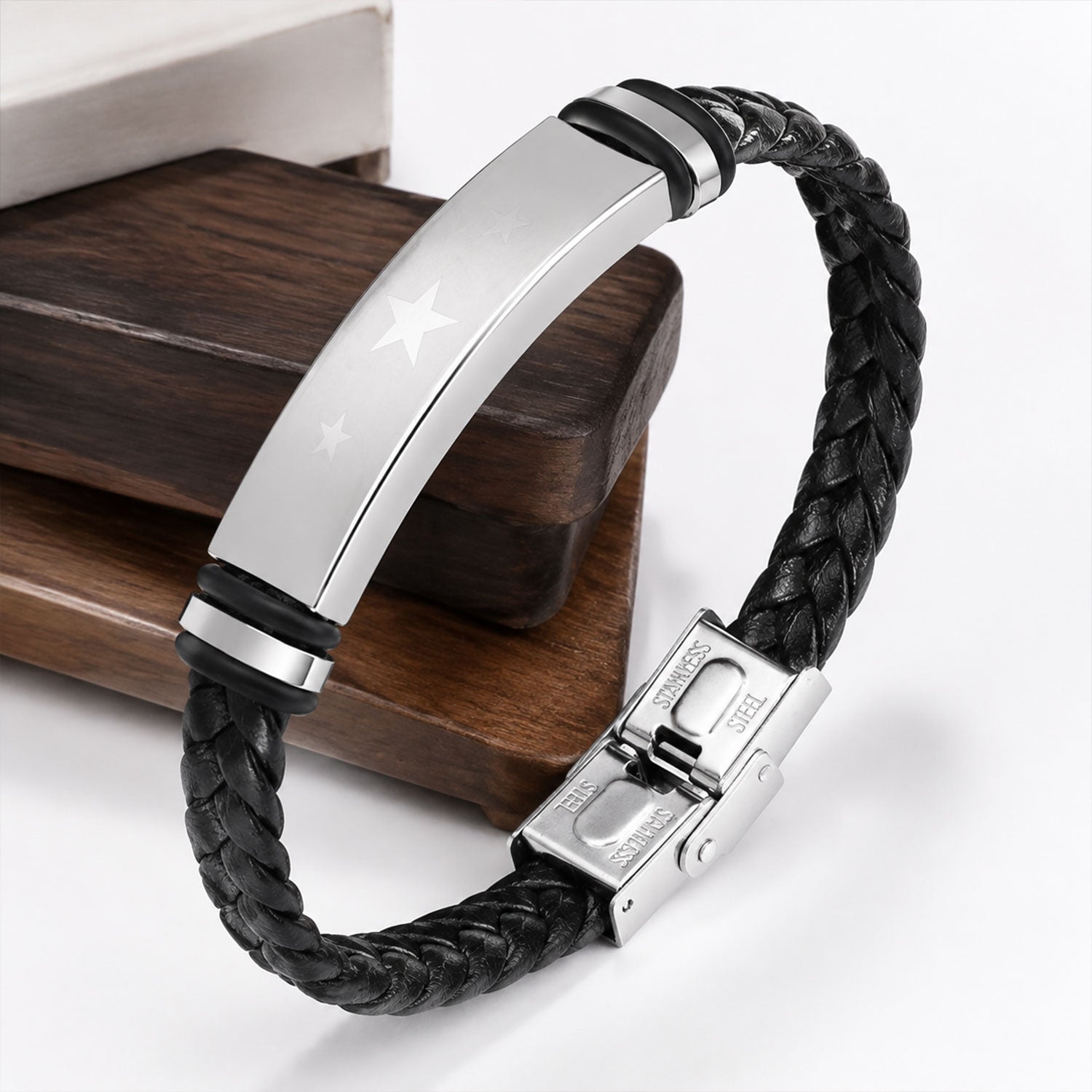 Silver Star Bracelet Rakhi with Black Braided Band and Star Plate for Raksha Bandhan