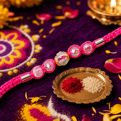 Pink Beaded Rakhi with Rose-Toned Sparkling Crystal Stones