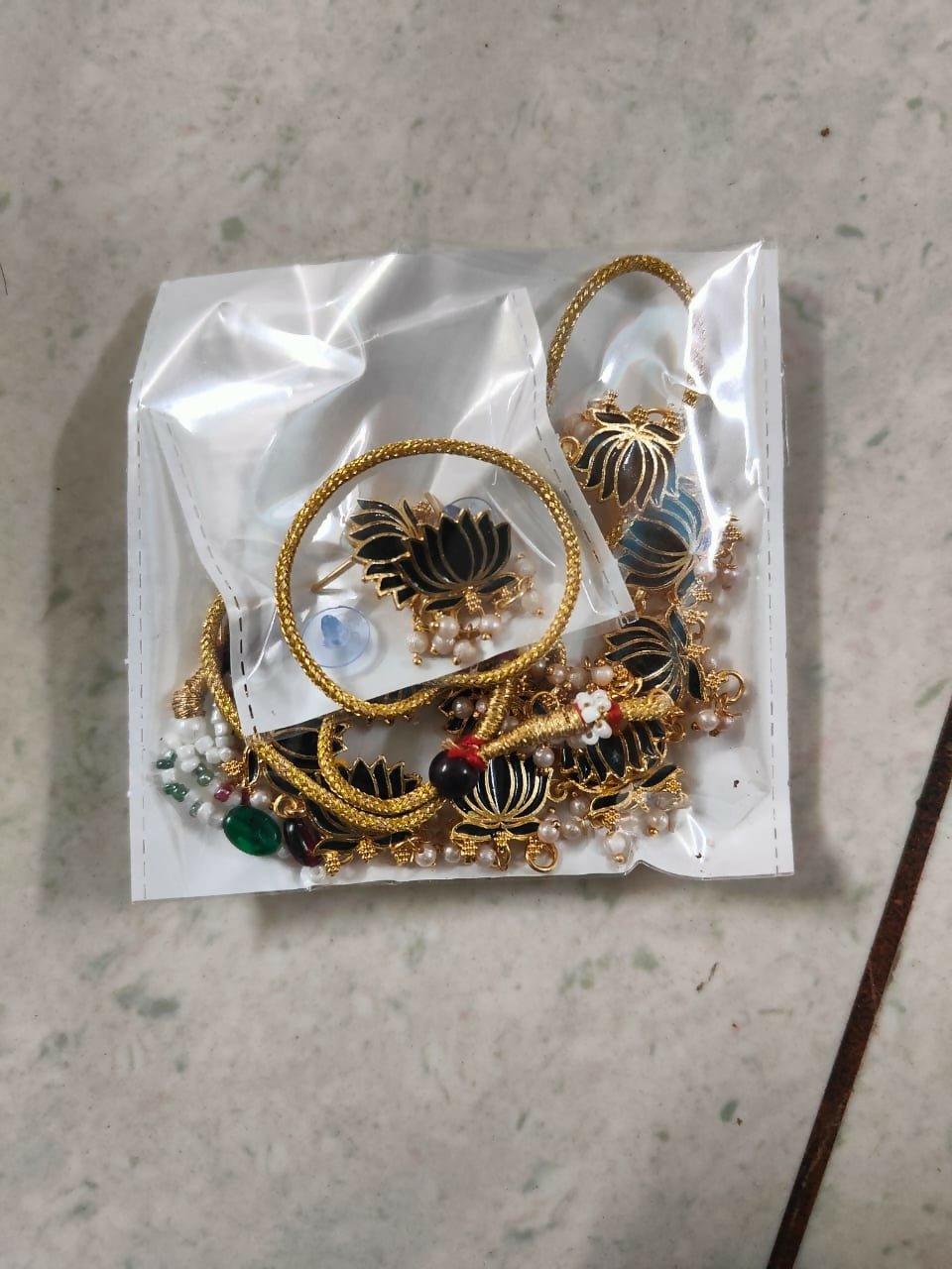 Gold Necklace with Black Lotus & White Beads Pendant for Women Stylish Jewelry