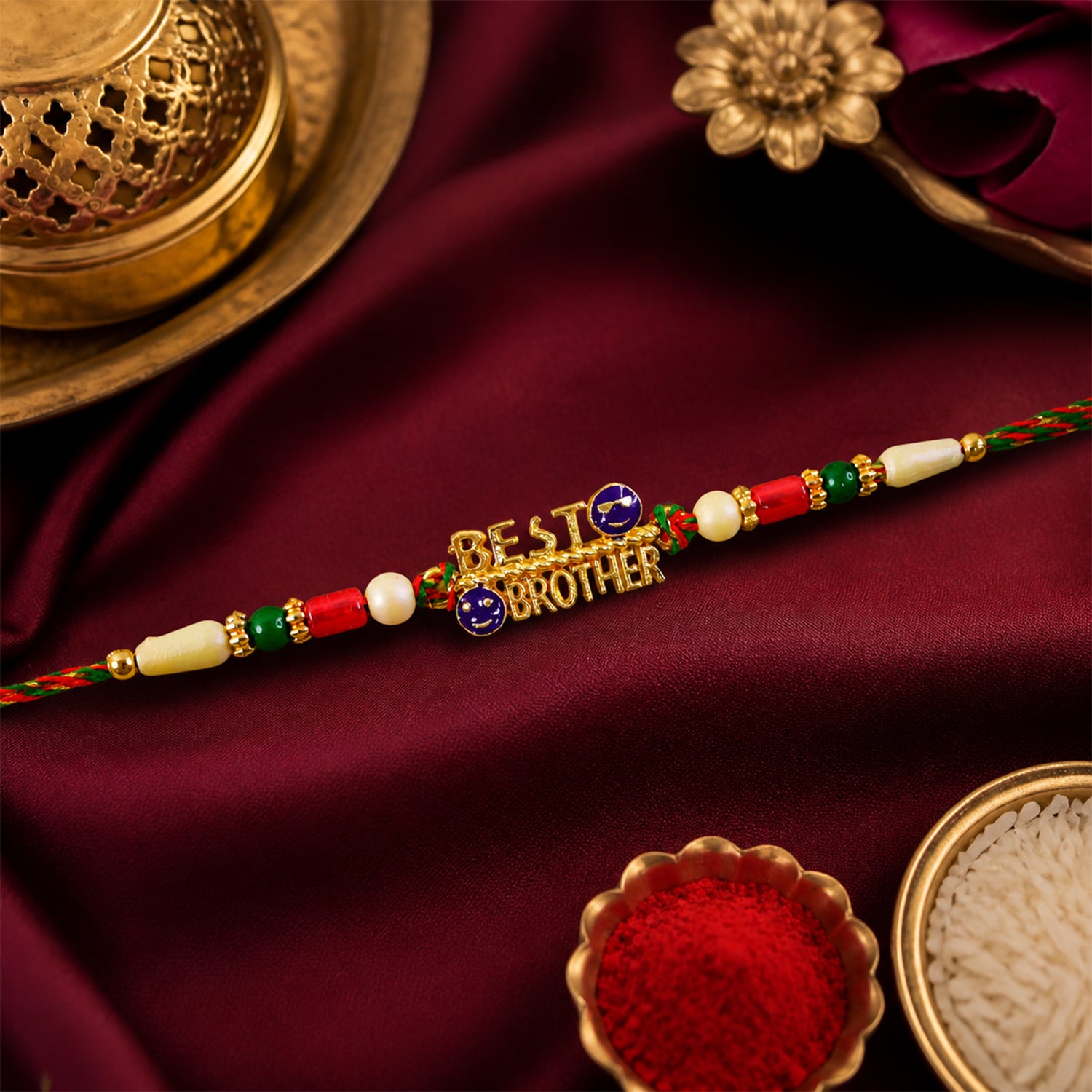 Best Brother Text Charm Rakhi with Pearl and Multicolor Beads