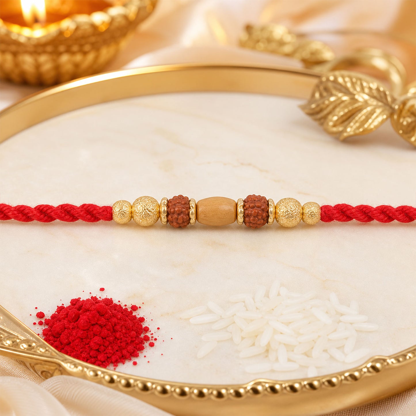 Red Thread Rakhi with a Row of Natural Rudraksha Bead Pendant