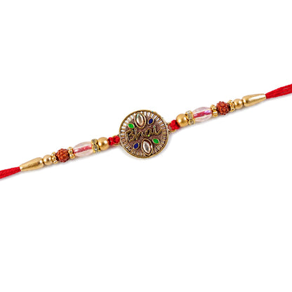 Oxidized Gold Kundan Medallion Rakhi with Rudraksha Beads