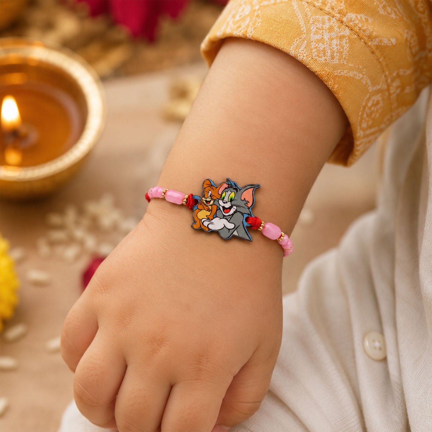 Tom Jerry Cartoon Rakhi with Pink Beads and Sweet Kids Look