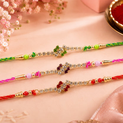Compact Square Stone Rakhi in Mix Colour Threads (Pack of 6)
