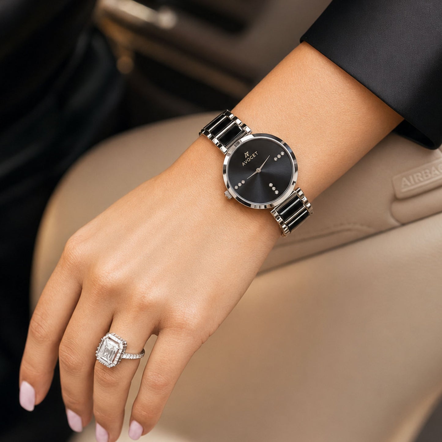 Black Round Shape Dial Watch with Silver Metal Strap Design for Women