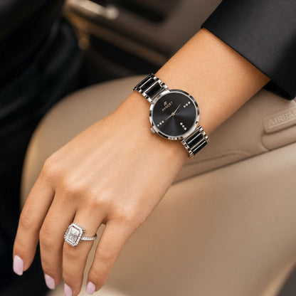 Black Round Shape Dial Watch with Silver Metal Strap Design for Women