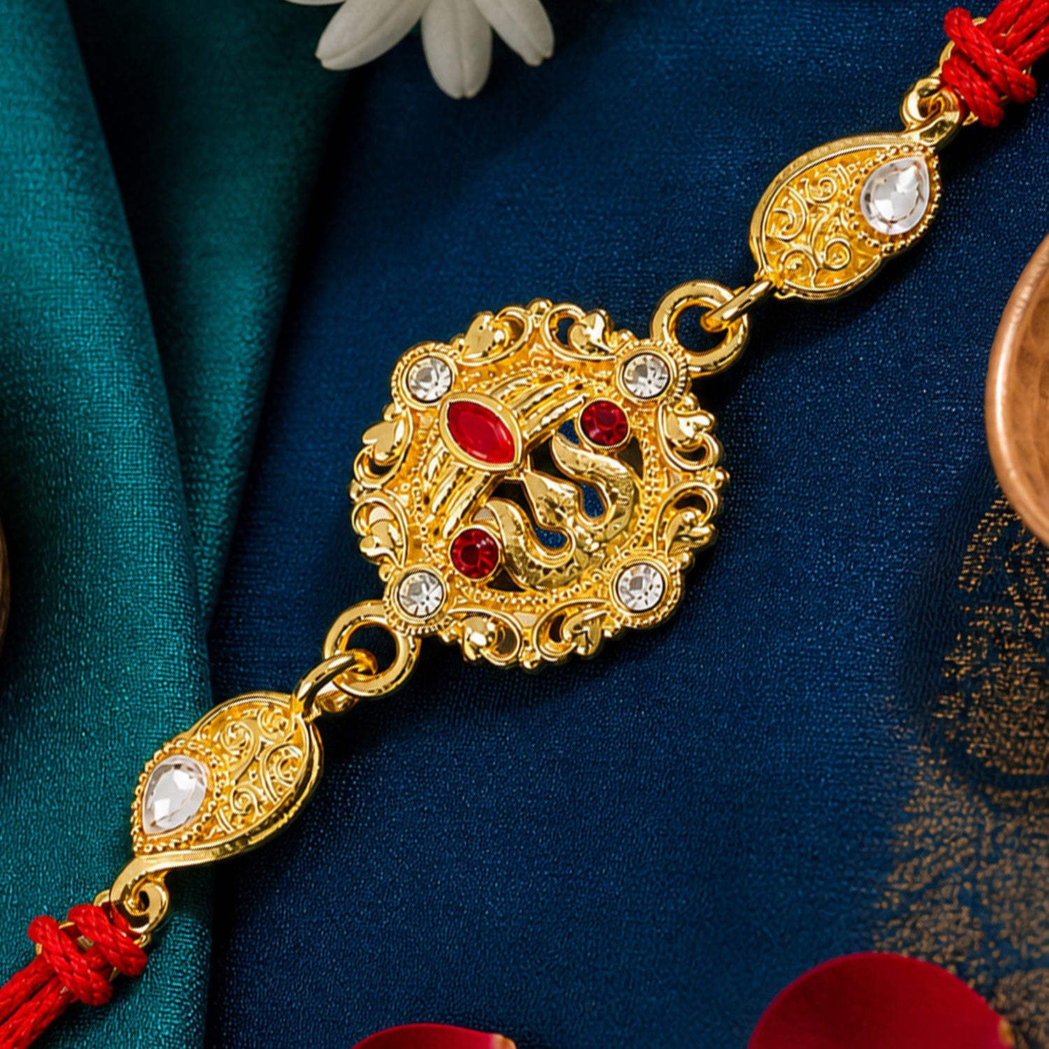 Festive Rakhi featuring Ornate Floral Medallion, pearl accents and bead line for Gift