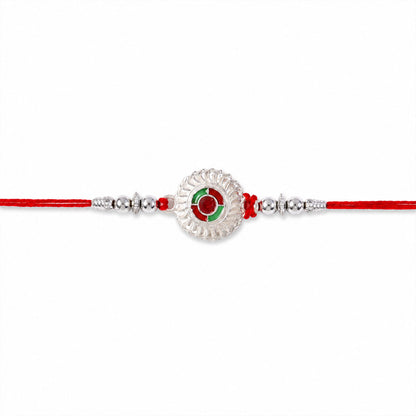 Silver Round Kundan Rakhi with Green Red Center and Metal Beads