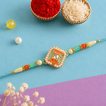 Pearl Bordered Meenakari Pendant Rakhi with Orange and Teal Enamel