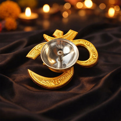 Golden OM Symbol Diya Holder for Pooja and Festival Decoration