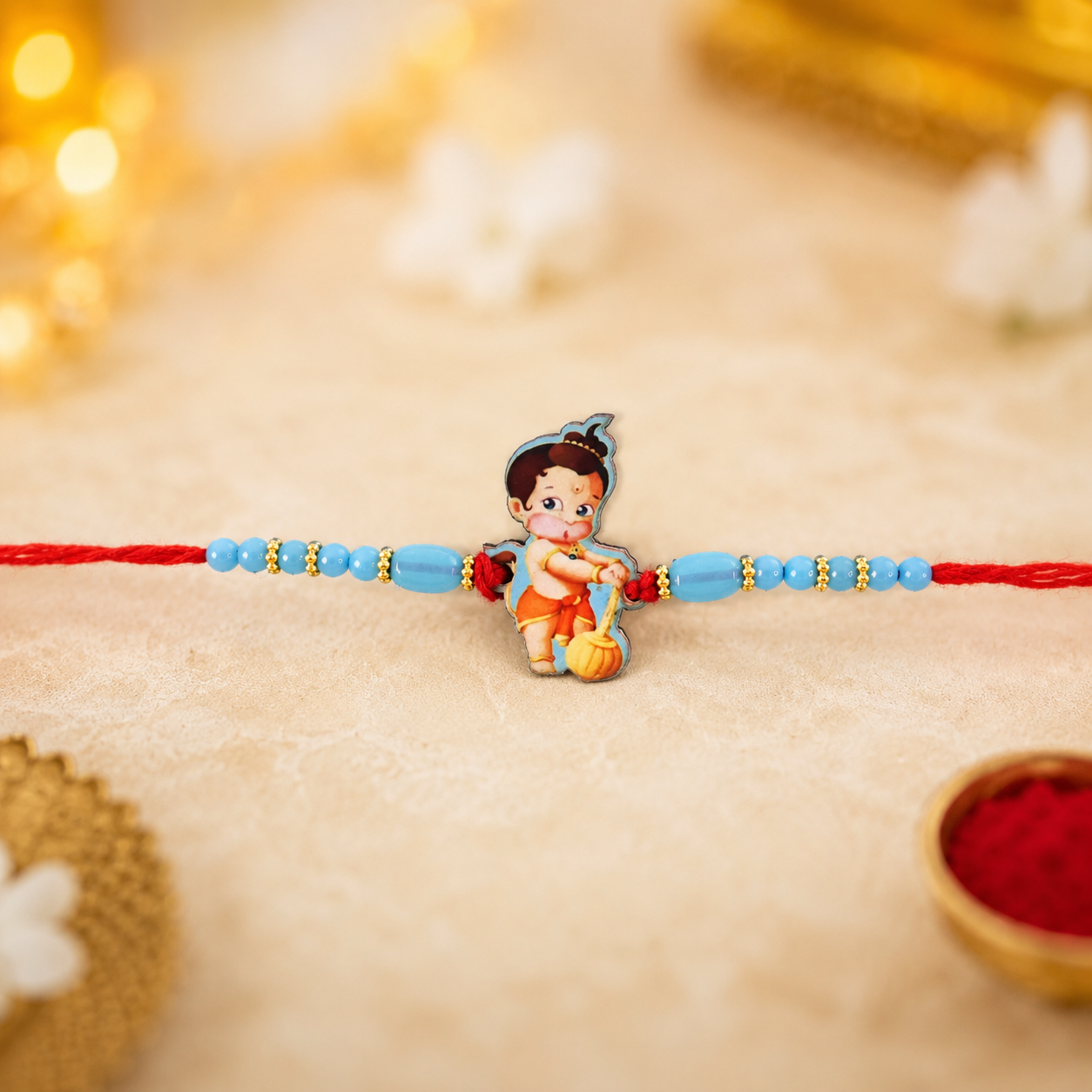 Little Hanuman Kids Rakhi with Blue Bead Chain and Red Thread