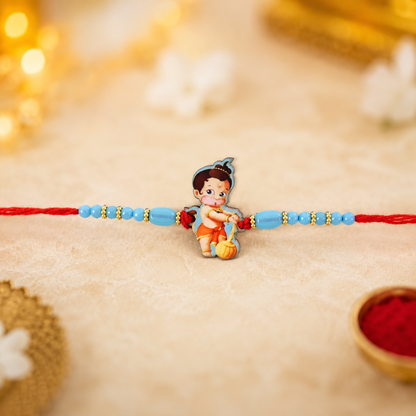 Little Hanuman Kids Rakhi with Blue Bead Chain and Red Thread