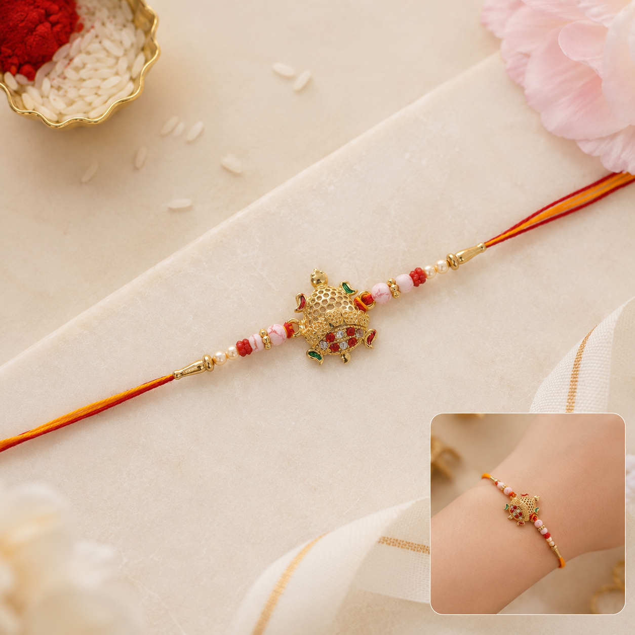 Gold Turtle Rakhi with Pink Pearls and Red Thread