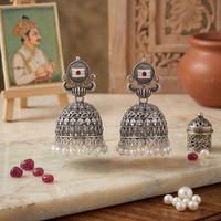 Oxidized Silver Tone Jhumka Earrings with Red Center Accents and Pearl-Style Drops