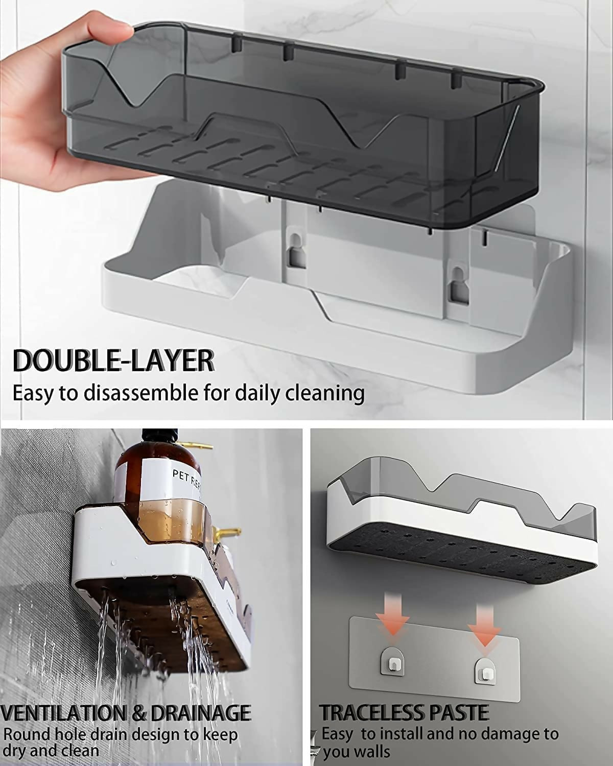 Adhesive Storage Rack, Wall Mounted Plastic Shelf Organizer for Bathroom(pack of 1)
