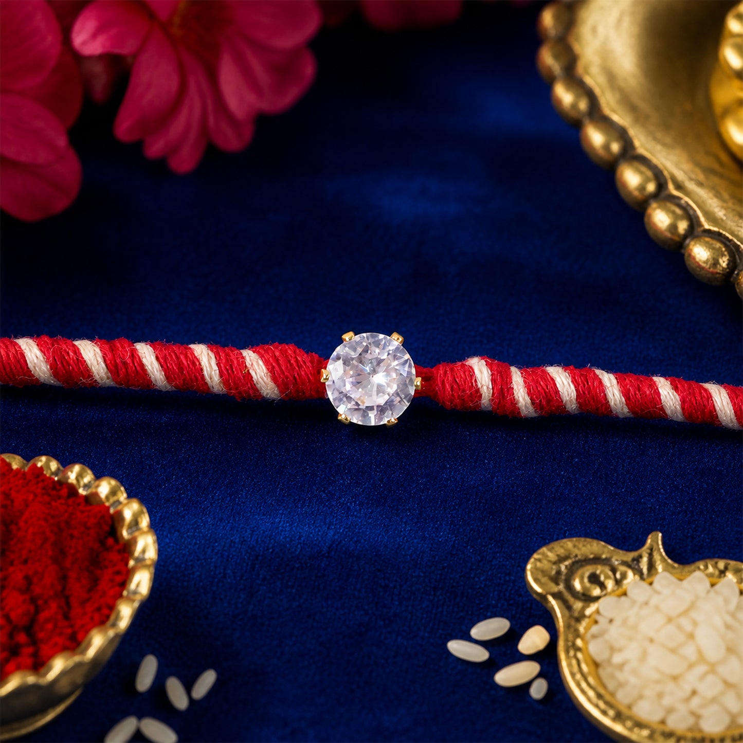 Red-White Twisted Cord Rakhi with Sparkling Round Crystal Pendant