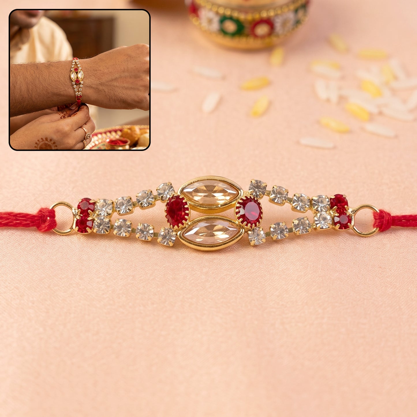 Oval Kundan Bracelet Rakhi with Red Blue Stones and Crystal Line