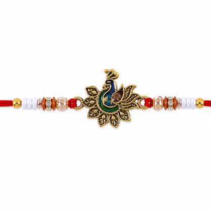 Peacock Floral Golden Rakhi with Blue Green Enamel, Pearl Beads and Red Thread