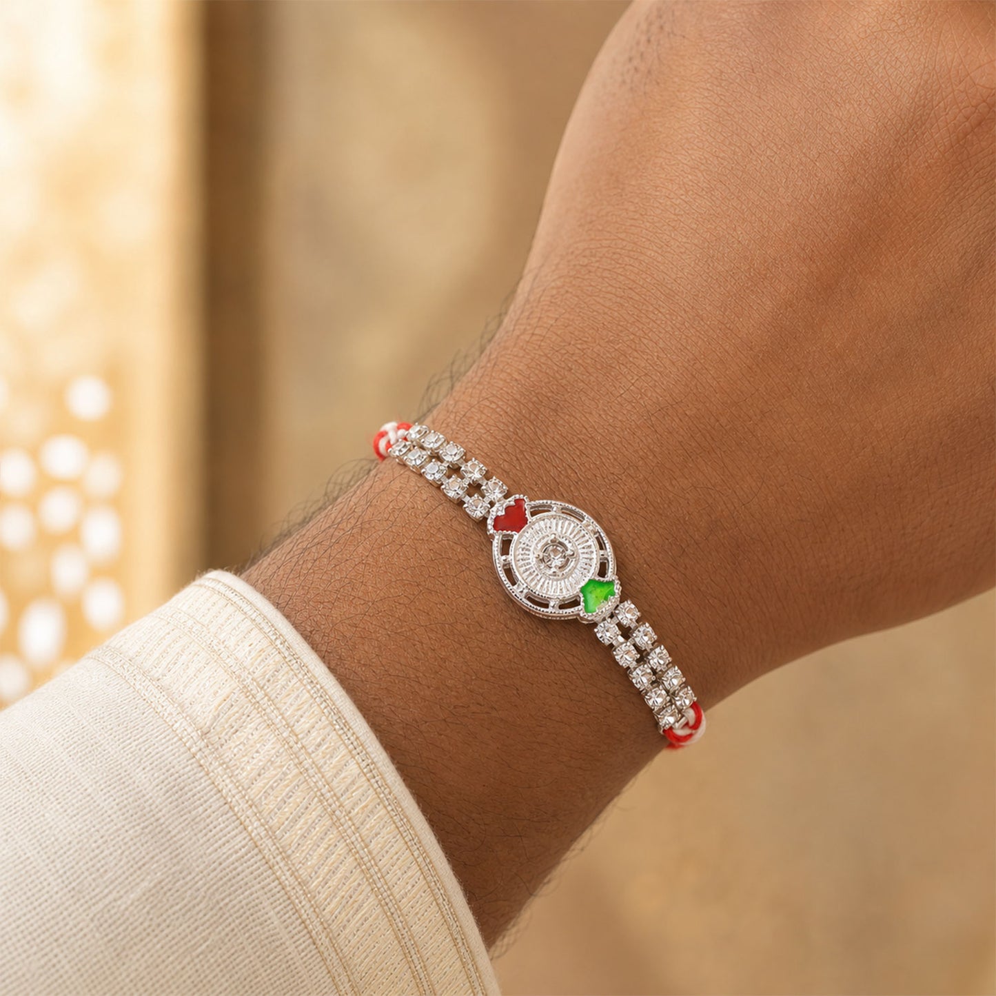 Silver-Toned Crystal Rakhi with Circular Designer Centerpiece, Dual Stone Chains & Red Thread