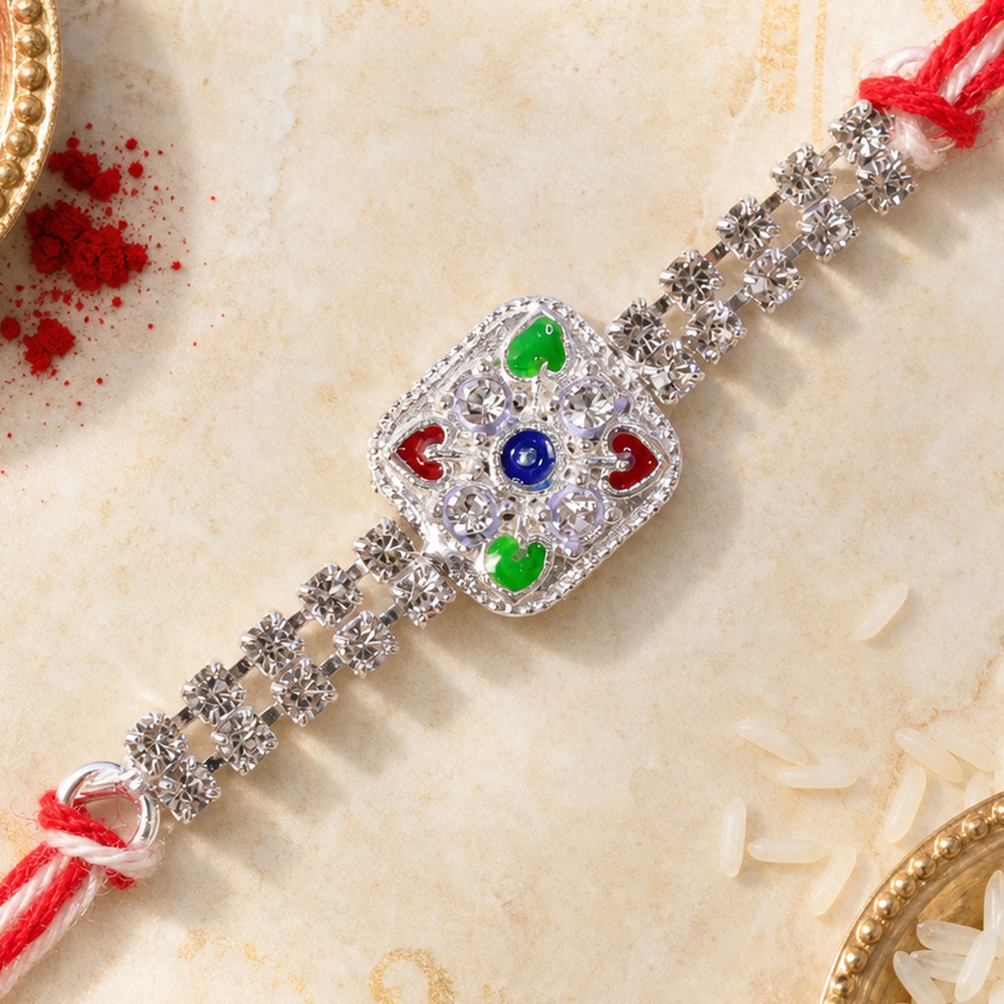 Premium Rakhi featuring Square Floral Charm, crystal accents and gift style for Gift