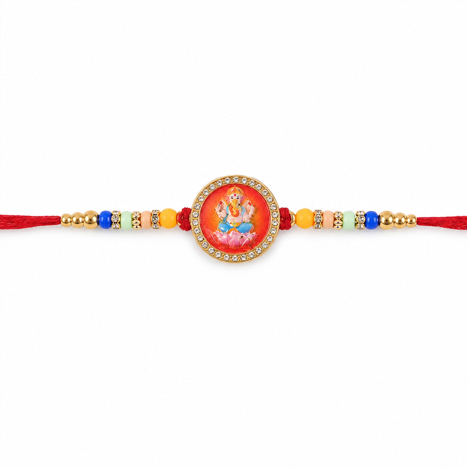 Ganesha Rakhi for Brother Golden Motif with Stones & Beads (5pcs)