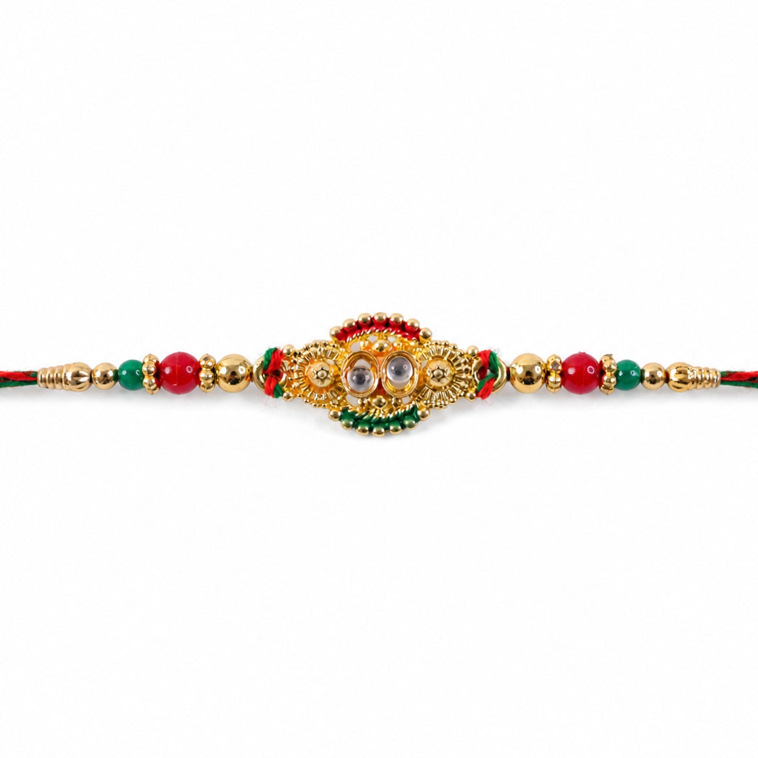 Kundan Cluster Oval Pendant Rakhi with Red and Cream Beads