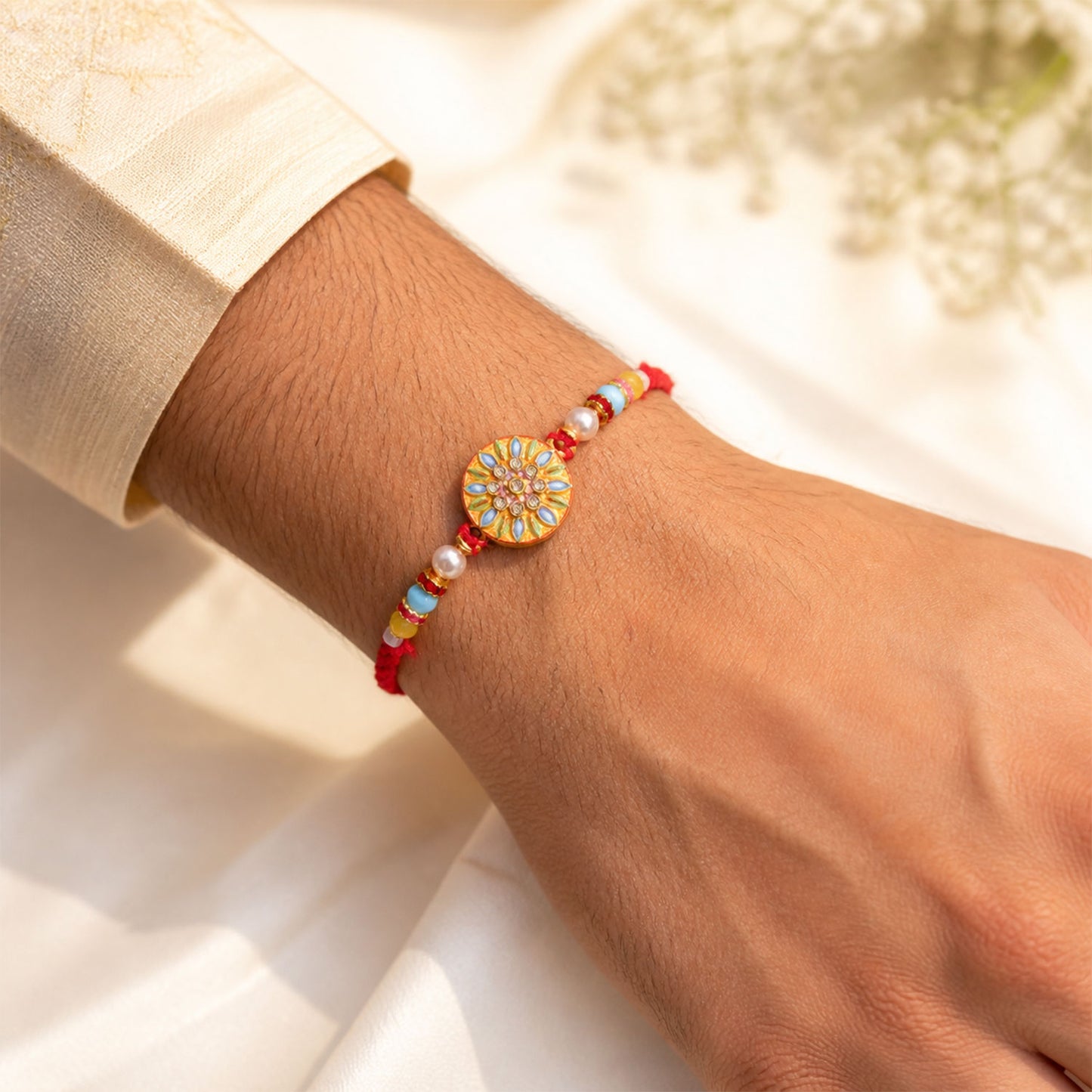 Mandala Floral Beaded Bhai Bhabhi Lumba Rakhi with Pearl Drops