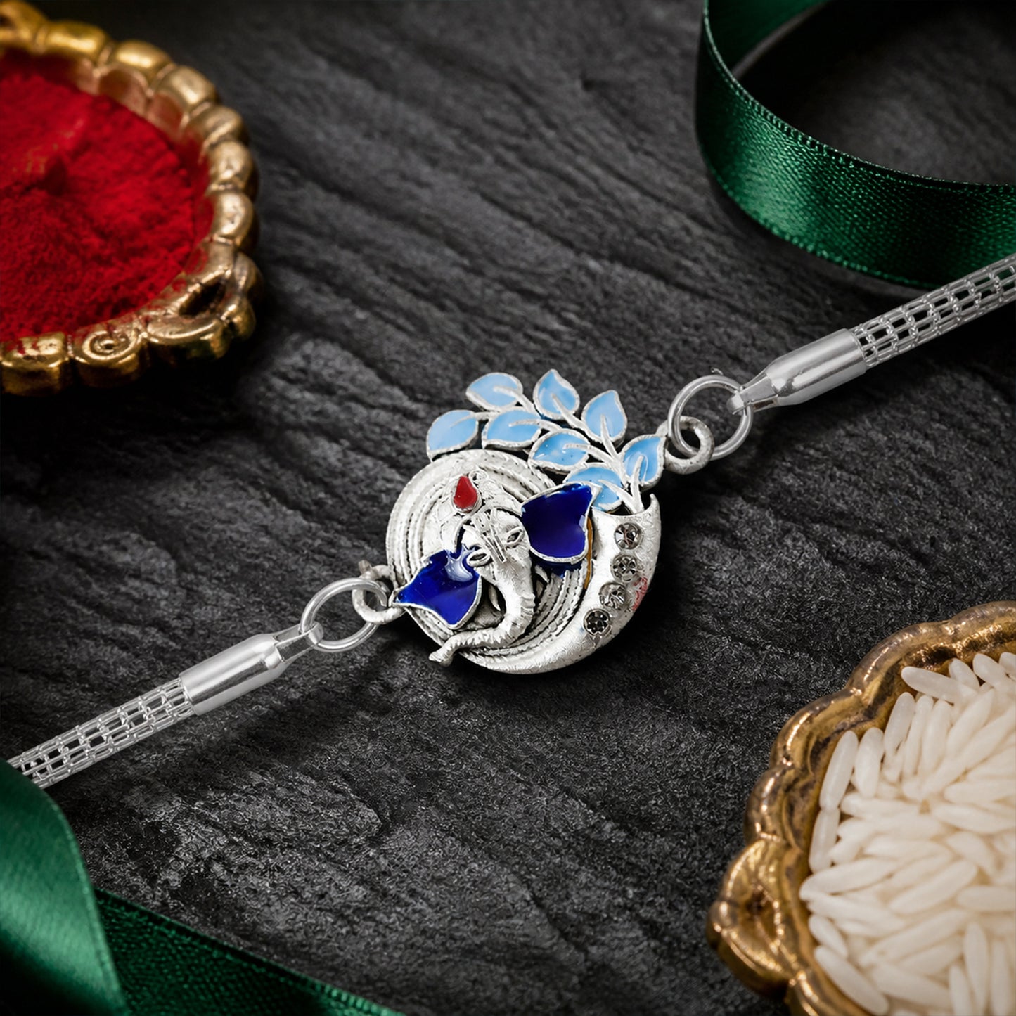 Ganesh Leaf Enamel Crescent Studded Silver Chain Designer Rakhi