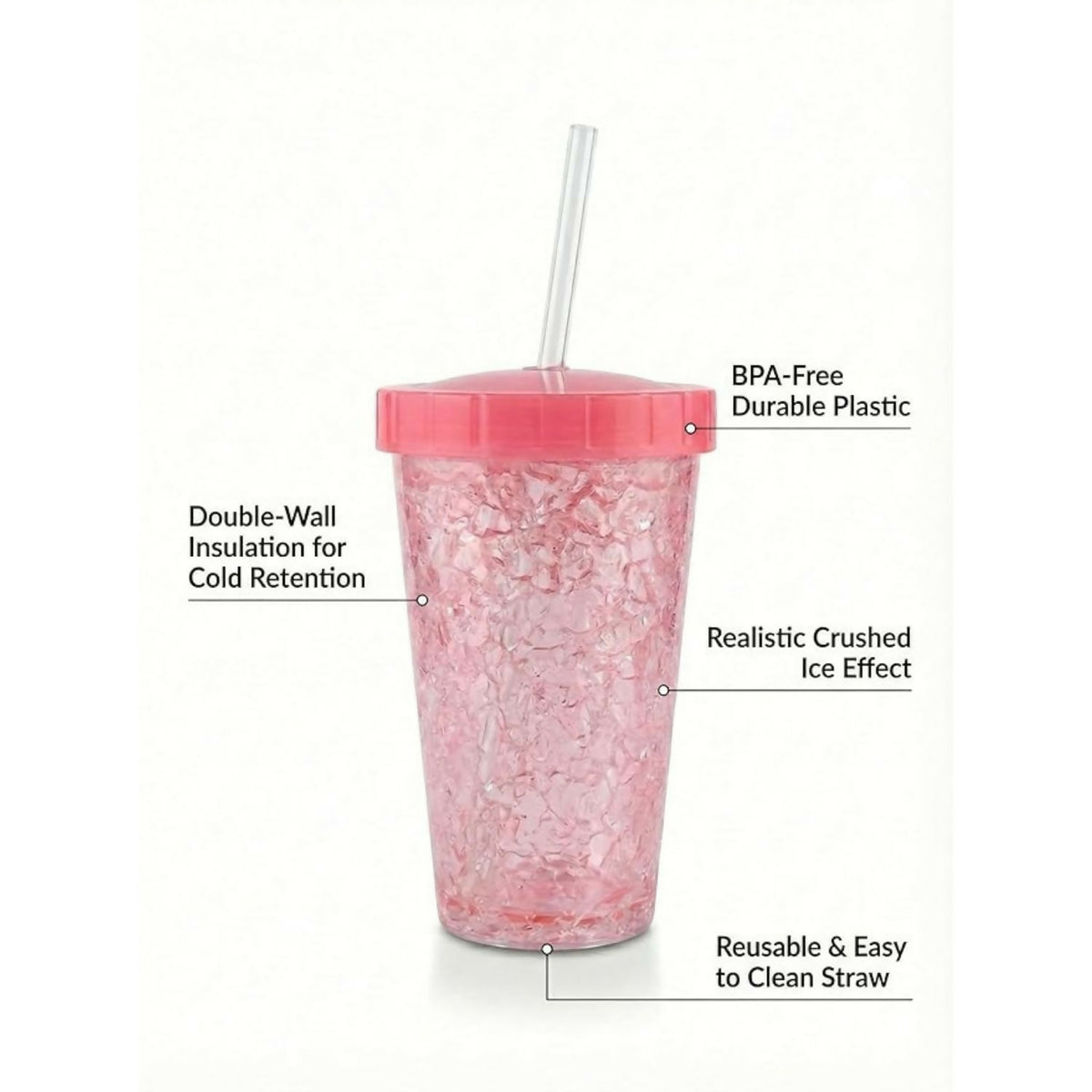 A pink plastic tumbler with a clear straw and lid, highlighting features like double-wall insulation and BPA-free material.