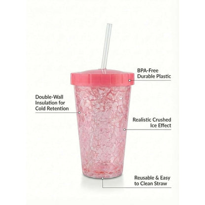 A pink plastic tumbler with a clear straw and lid, highlighting features like double-wall insulation and BPA-free material.